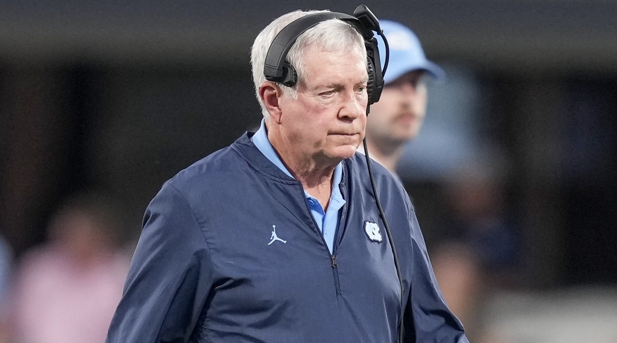North Carolina football coach Mack Brown on the field